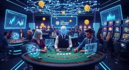 Illustration showing people playing cards in a crypto casino
